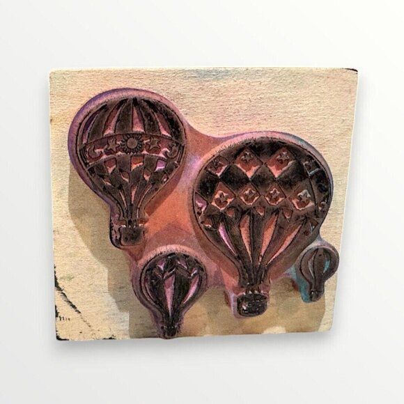Vintage Wooden Rubber Stamp PSX 3 Hot Air Balloons With Stars Made in the USA - Picture 2 of 2